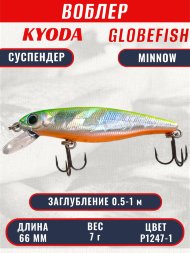 Воблер KYODA Globefish Minnow-66SP, длина 6,6 см, вес 7.0 гр цвет P1247-1, заглубление 0,5-1,0 м