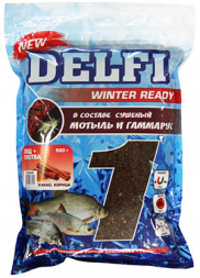 Прикормка DELFI зимняя Ice Ready увлажненная универсал. креветка, красная + БЛЕСТКИ, 500 г
